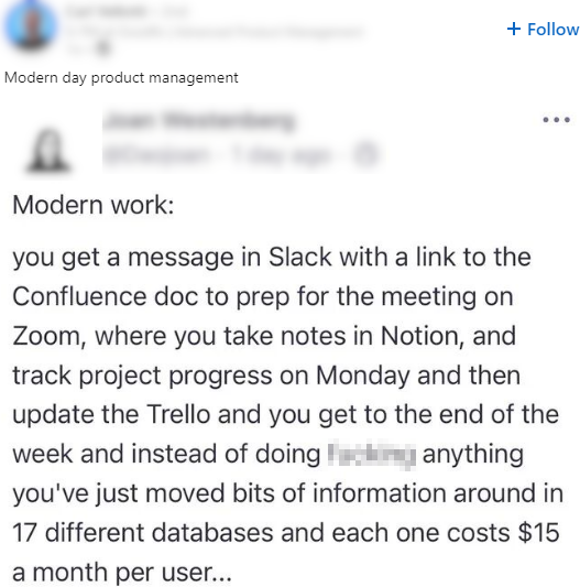 Screen grab from a LinkedIn post where a Product Manager describes how their day was all about moving data around but not actually doing any real work.