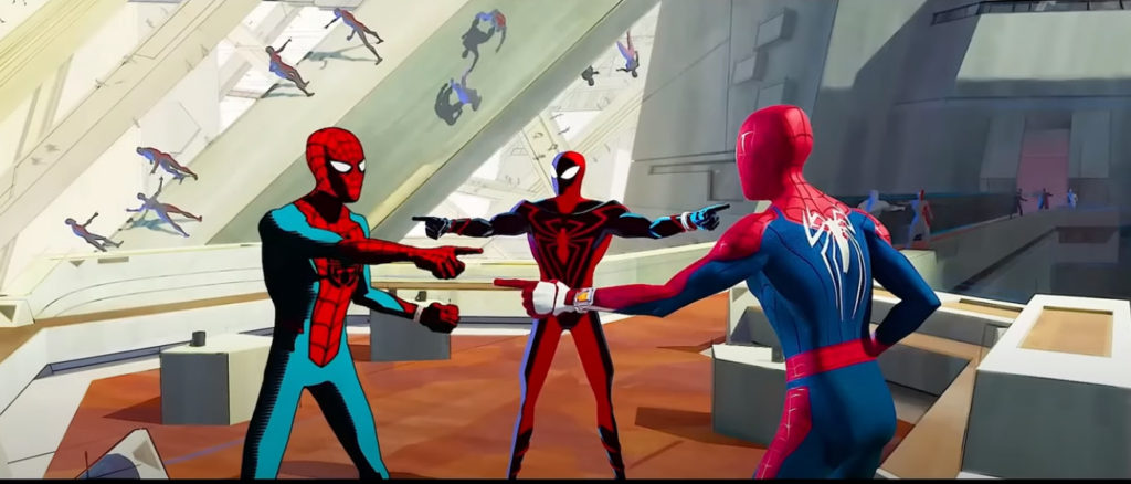 Image from Spiderman into the SpiderVerse - 3 Spidermen trying to decide who is the real spiderman.